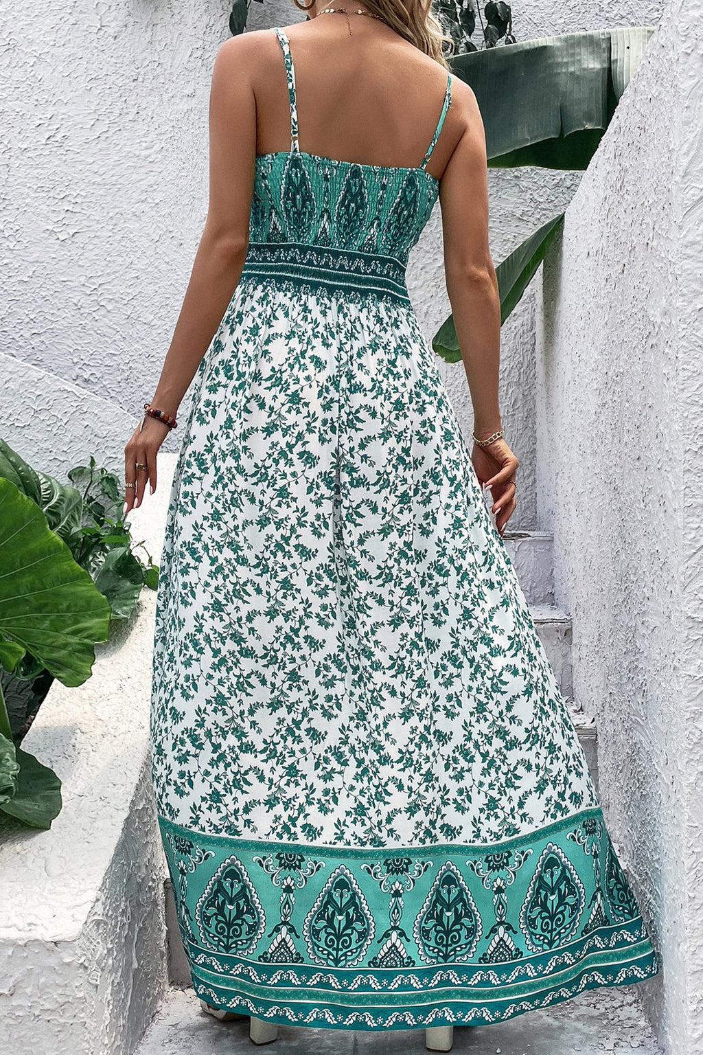 Green Boho Floral Shirred Cami Maxi Dress