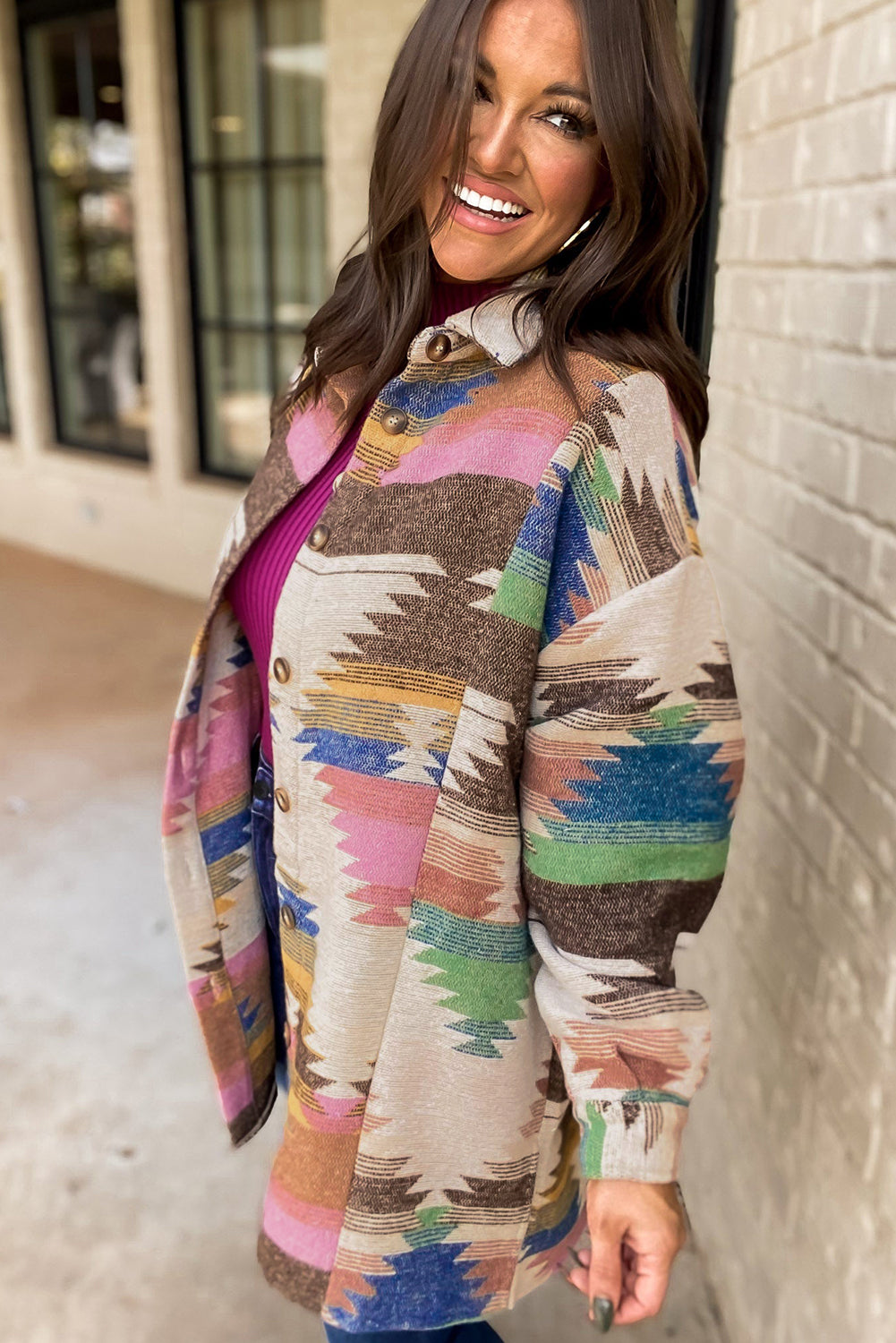 White Aztec Print Button Up Shacket | Polyester