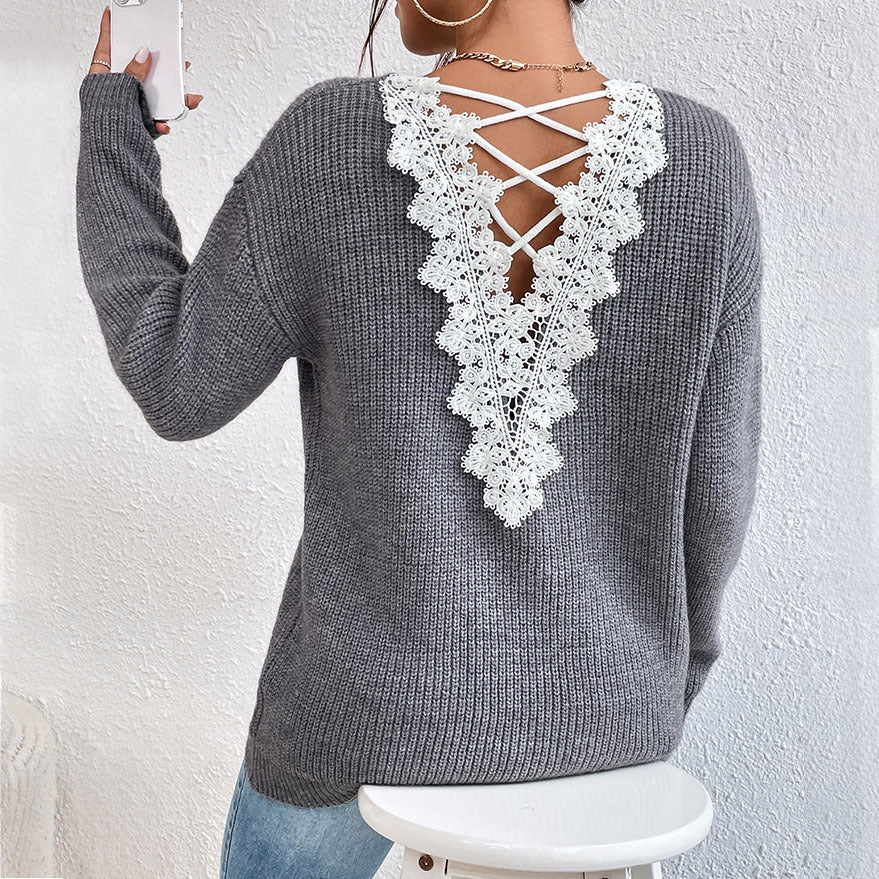 Women's Backless V-Neck Knit Sweater - Streetwear Pullover