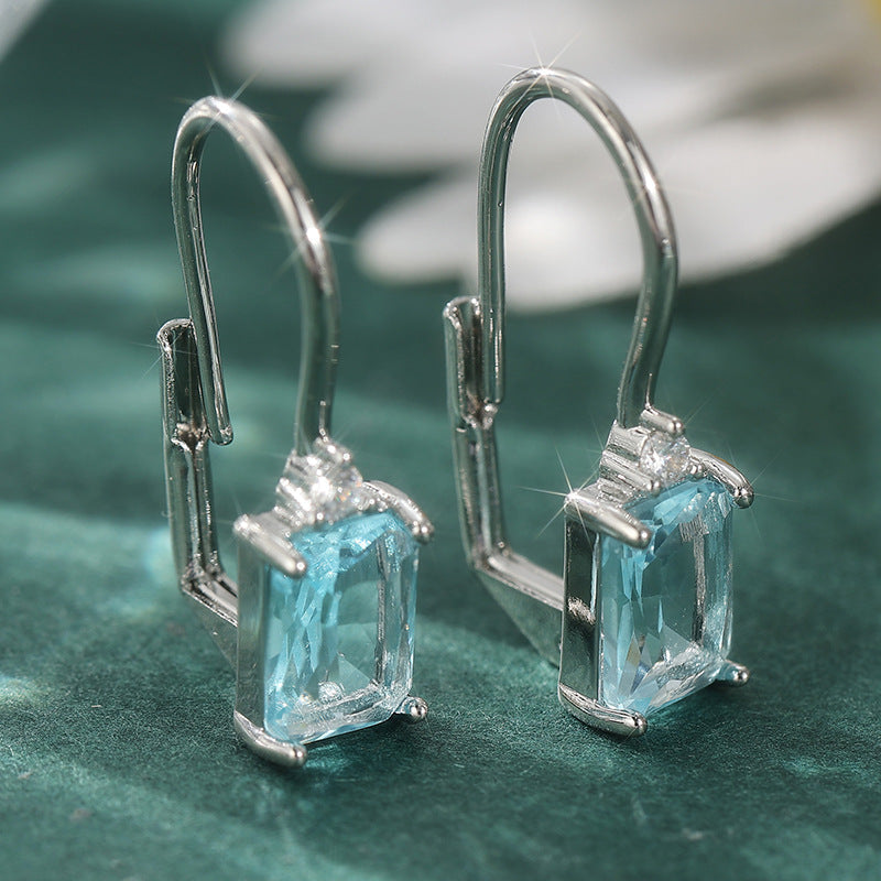 Elegant Blue Rectangle Crystal Drop Earrings Silver Tone Brass Women Daily Wedding Fashion Jewelry Gift