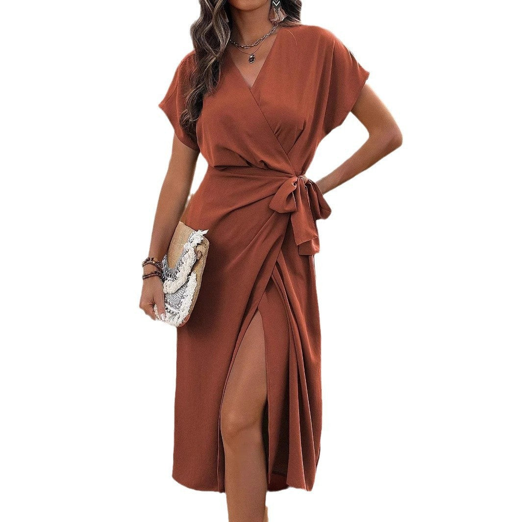 Minimalist Wrap Suspender Dress Asymmetric Hem Commuter Midi