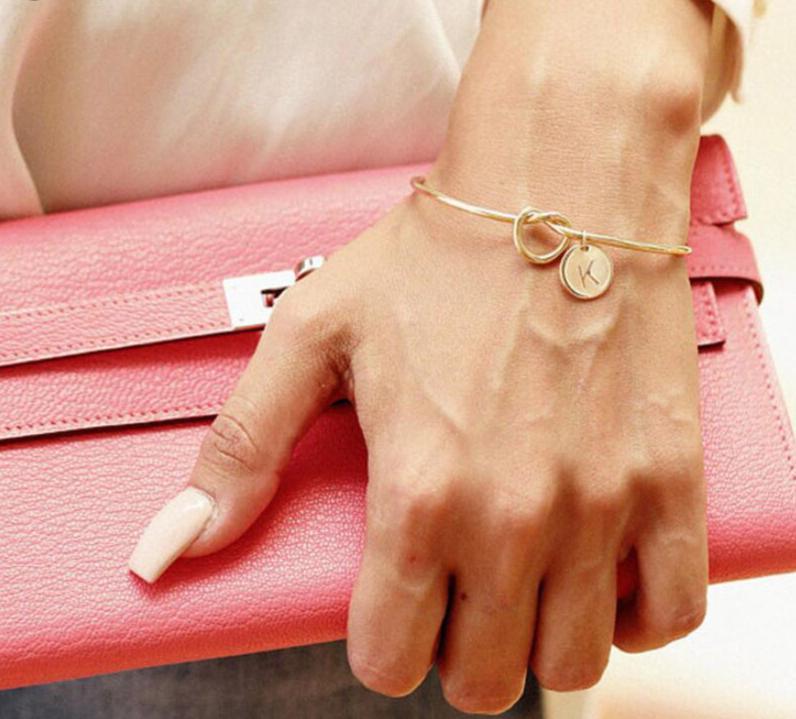 Personalized Initial Knot Bangle Bracelet with Heart Charm