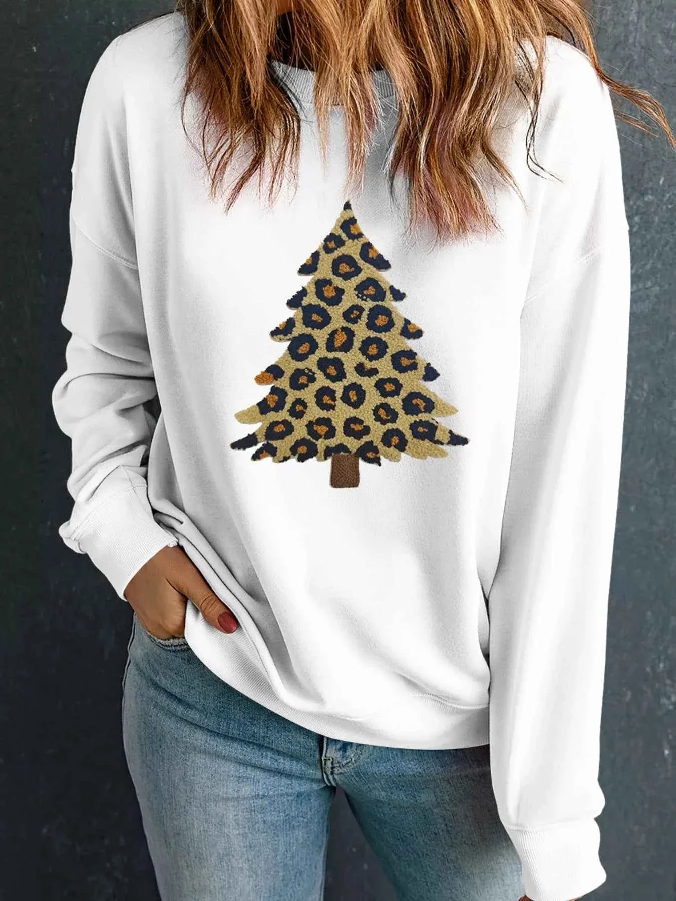 Plush Leopard Tree Patched Drop Shoulder Sweatshirt