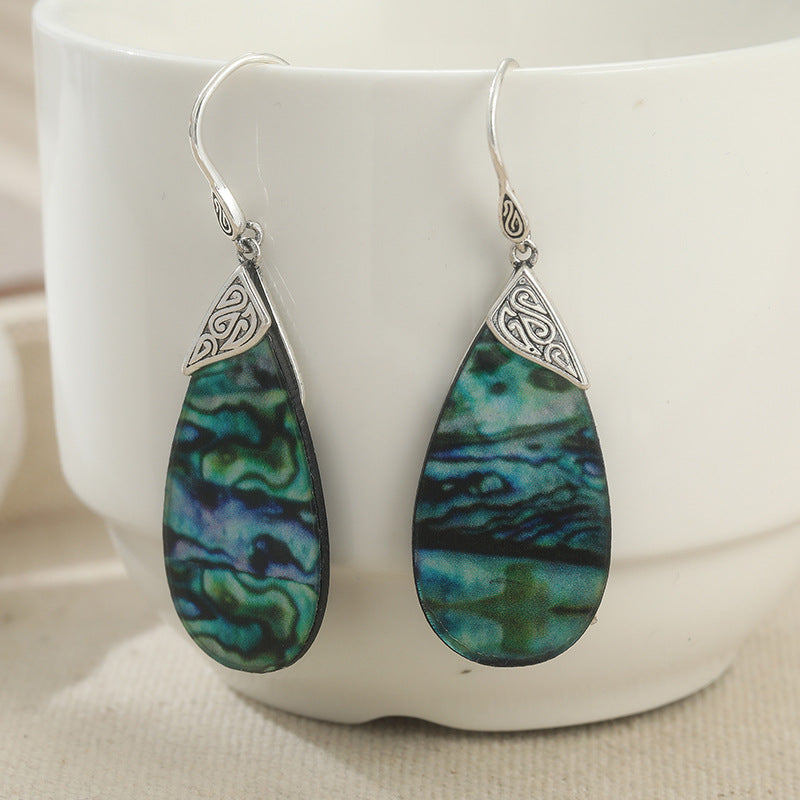 Vintage Iridescent Shell Teardrop Earrings Silver Tone Brass Women Boho Vacation Statement Fashion Jewelry Elegant