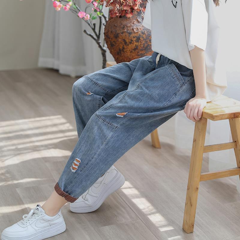 Women's Ripped Drawstring Waist Jeans Casual Denim Pants - Image 3