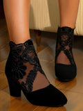 Women’s Lace-Embroidered Mesh Chunky-Heel Ankle Boots