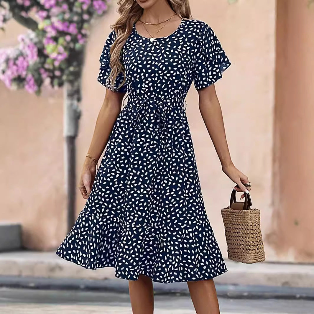 Dark Blue Floral Printed Short Sleeve Midi Dress - Street Style