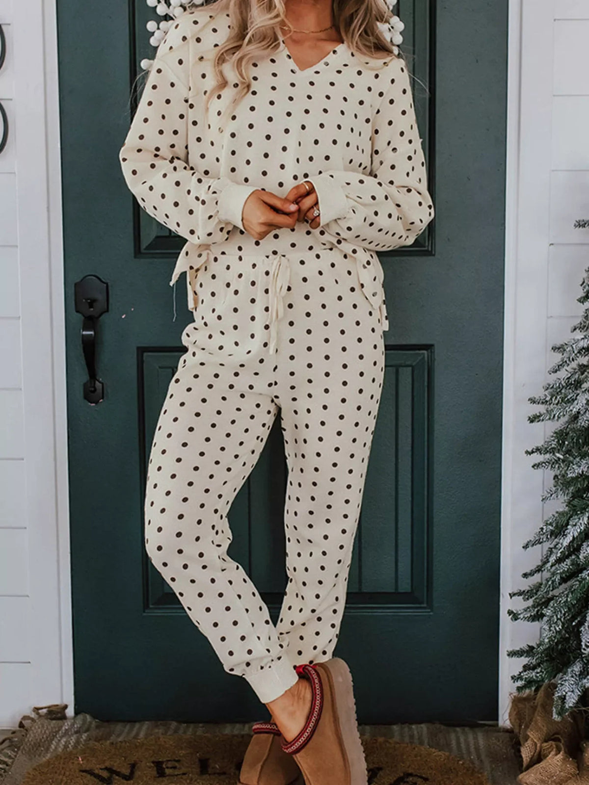 Polka Dot Notched Long Sleeve Top and Drawstring Joggers Lounge Set