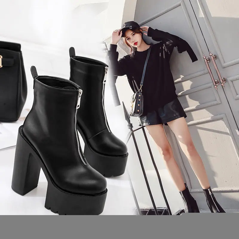 Women's Chunky Platform Ankle Boots with Front Zipper - Image 16