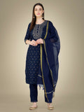 Model wearing a navy blue straight kurta set with sequence and embroidery details.