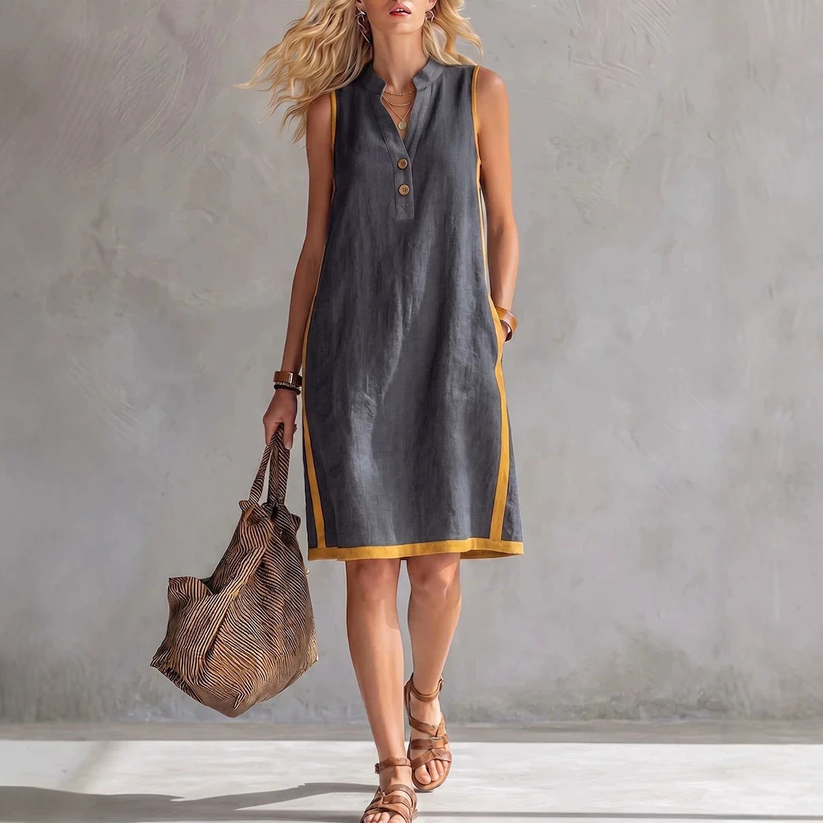 Woman wearing a sleeveless charcoal grey A-line midi dress with yellow side panels, button-front, and pockets.
