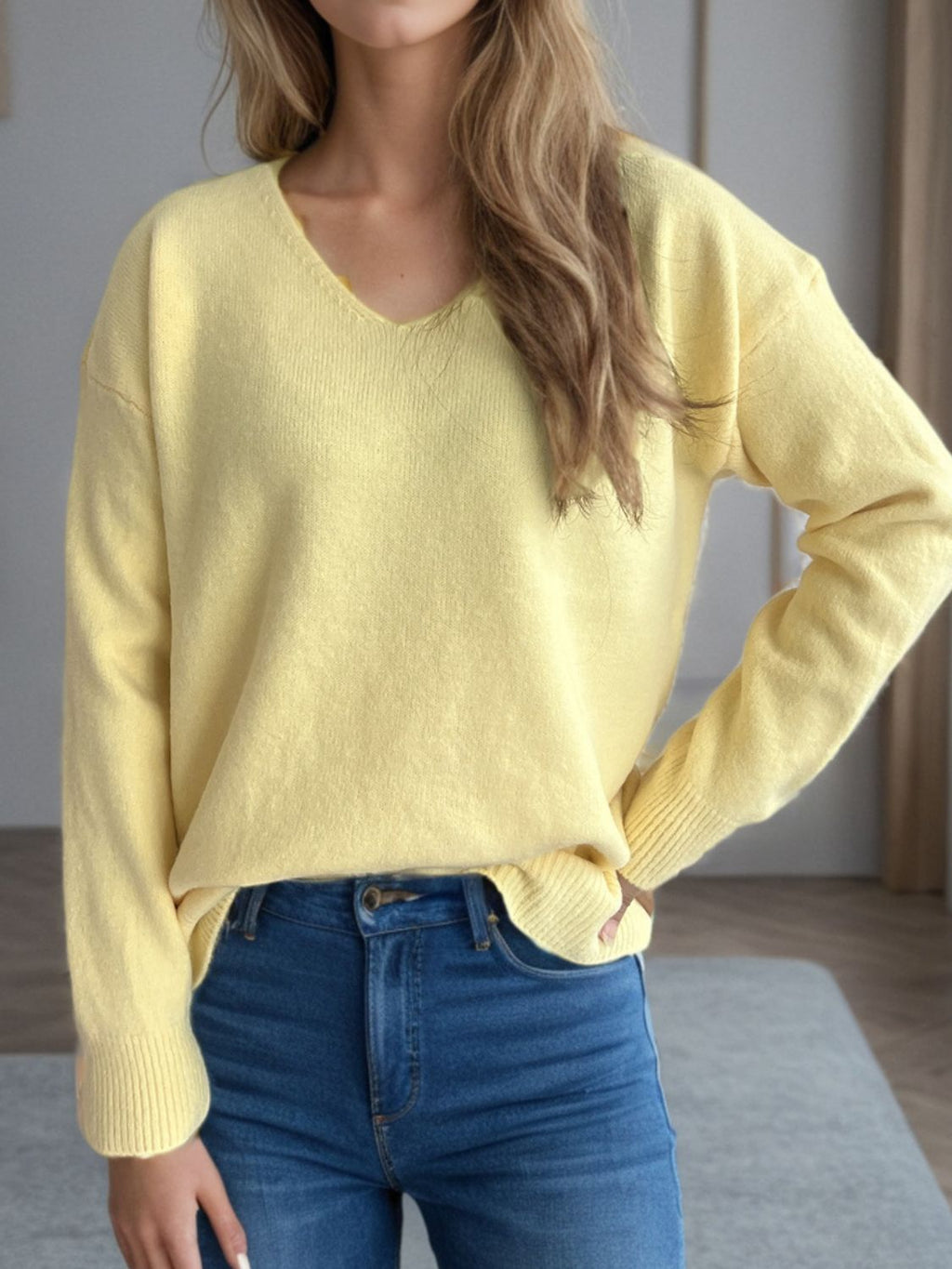 Women's V-Neck Dropped Shoulder Long Sleeve Knit Sweater - Image 11