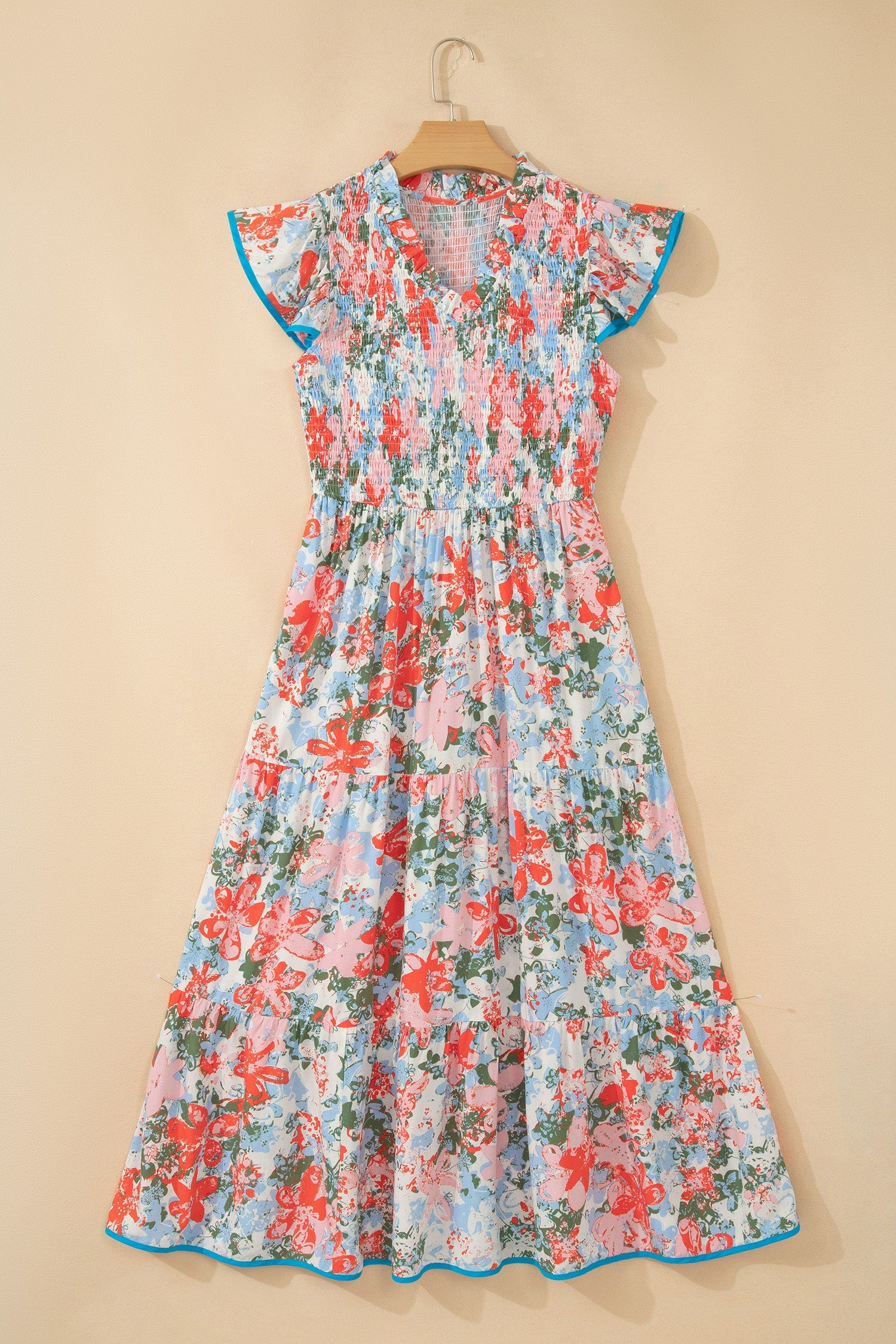 Floral Flutter Sleeve Long Dress with V-Neck and Tiered Skirt