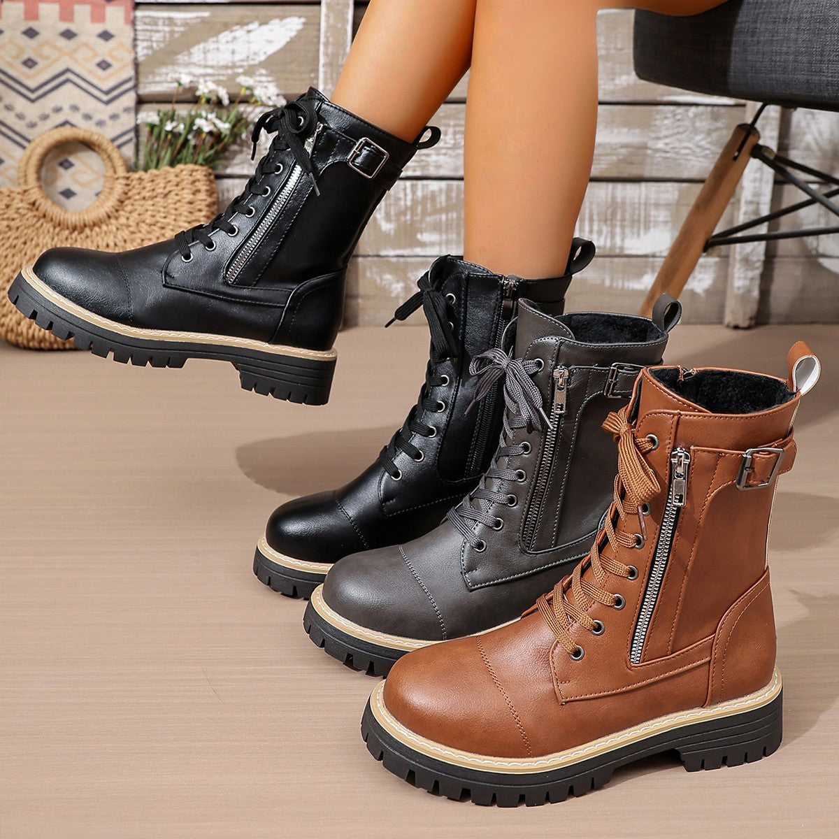 Women’s Solid Color Lace Up Mid Boots with Side Zipper and Low Heel