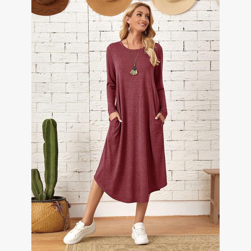 Women's Long Sleeve Cotton Blend Midi Dress with Side Pockets - Image 11