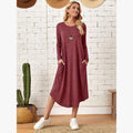 Women's Long Sleeve Cotton Blend Midi Dress with Side Pockets - Image 11