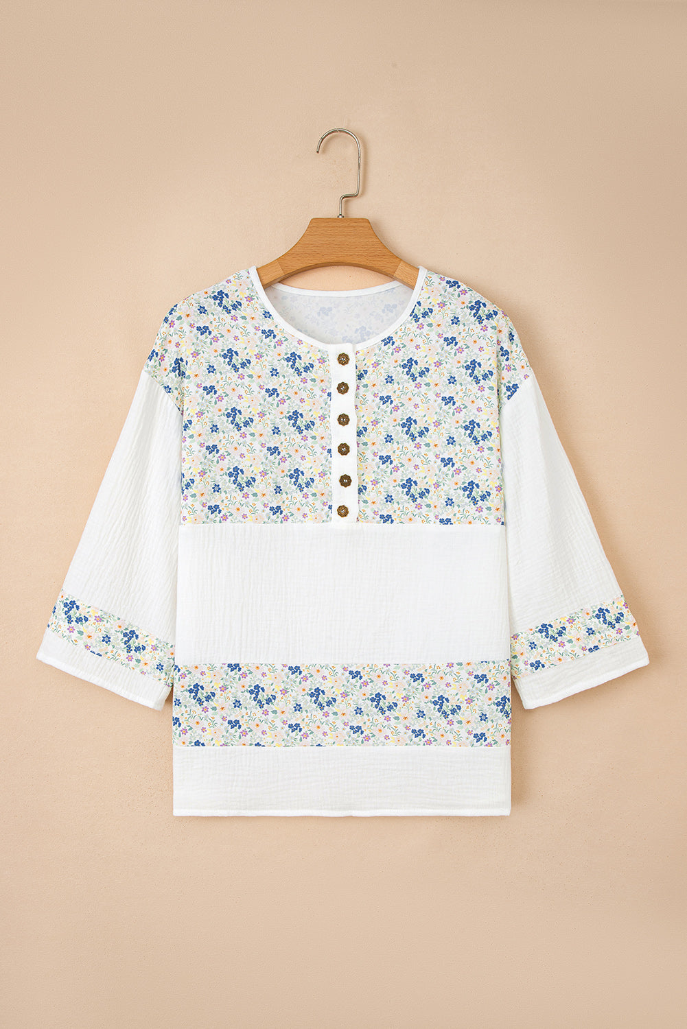 Floral Gauze Patchwork 3/4 Sleeve Blouse
