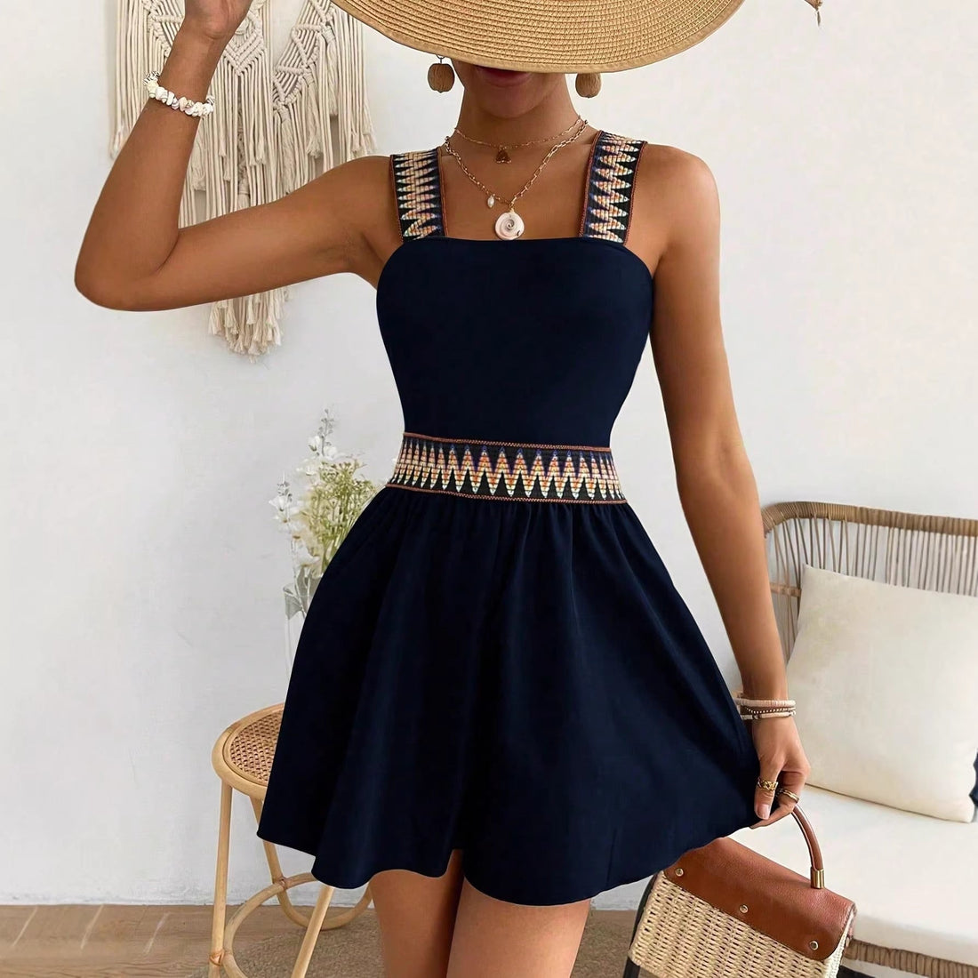 Women's Sleeveless Printed Waist Romper for Summer Vacations
