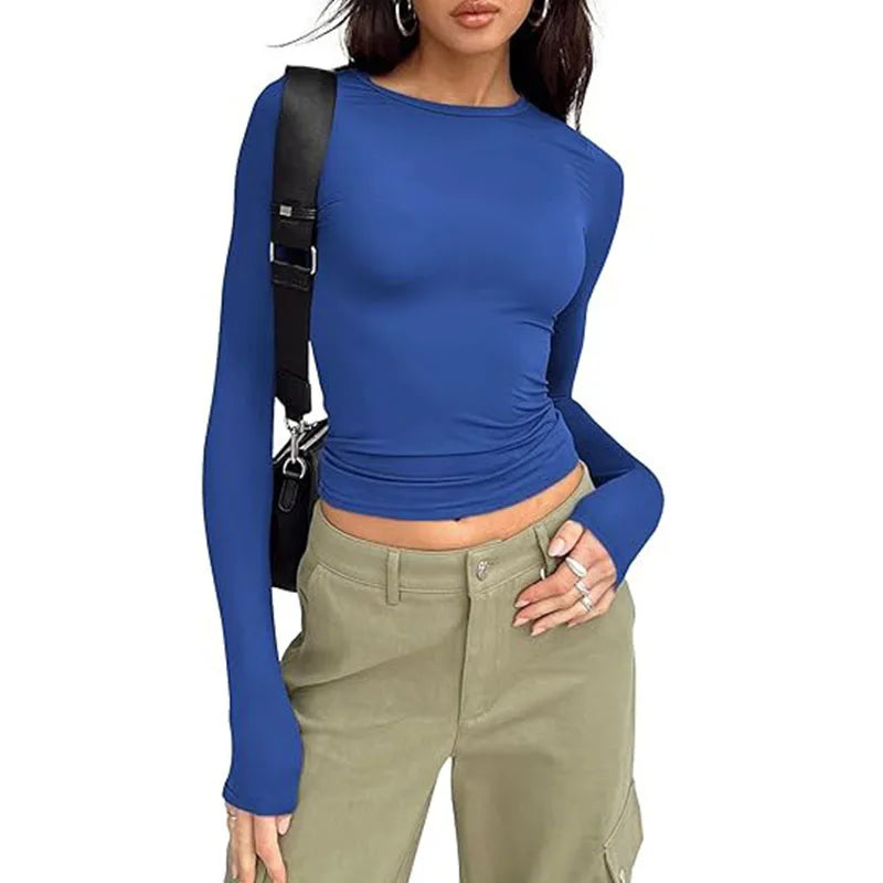 Women T-shirt Long Sleeve Crew Neck Solid Slim Fit Tee  Crop Top