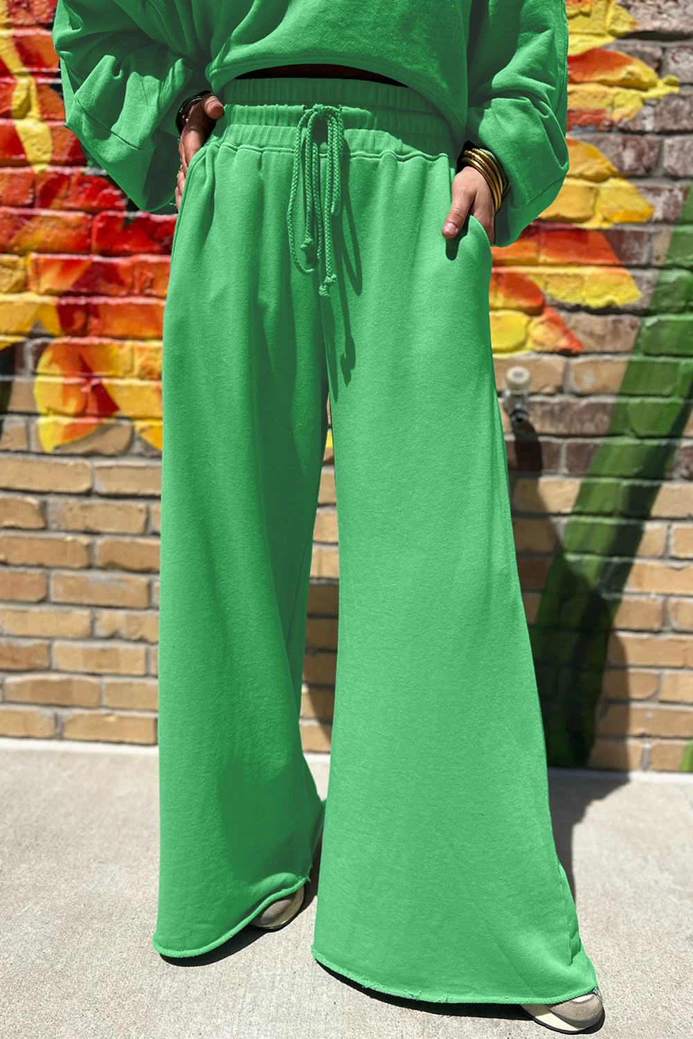Yellow Cream Drop Shoulder Crop Pullover Wide Leg Pants Set