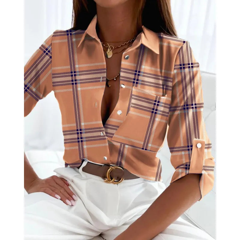 Women’s Printed Long-Sleeve Lapel Blouse Casual Button-Down Top