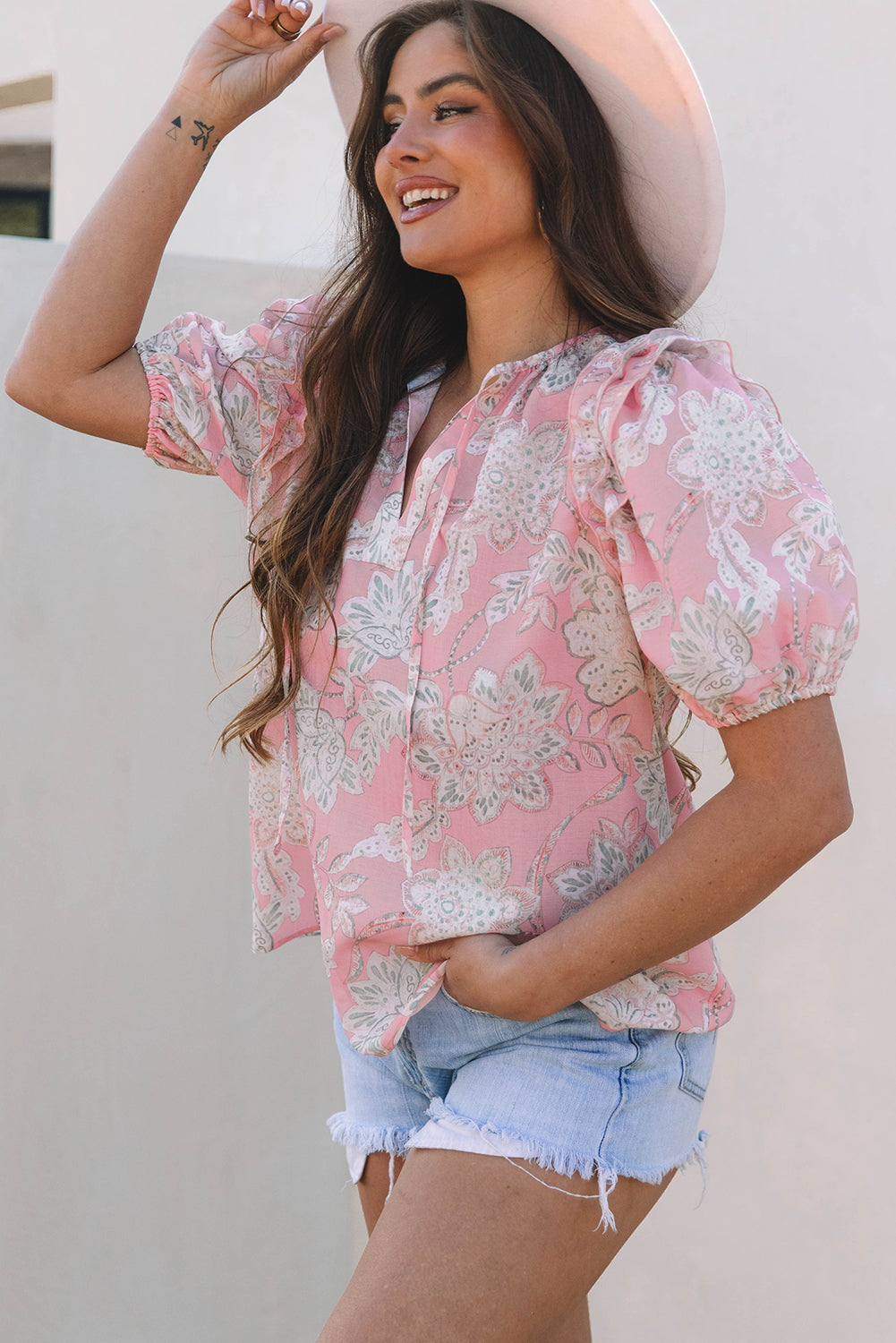 Cattleya Floral Drawstring V Neck Puff Sleeve Loose Blouse