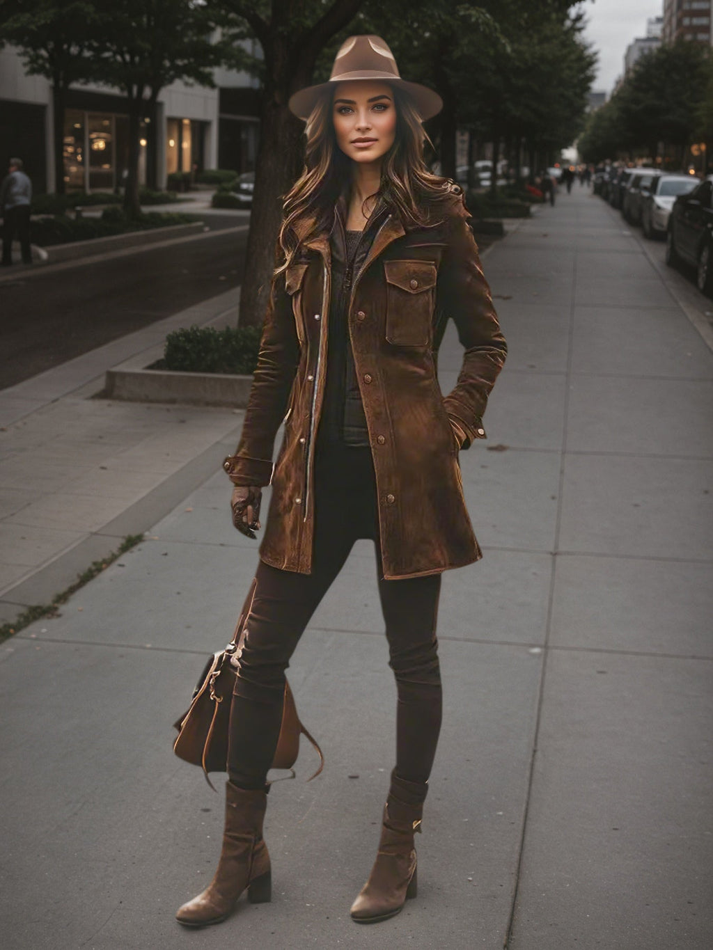 Woman wearing a vintage style brown long winter jacket with a hat and boots on a city street.