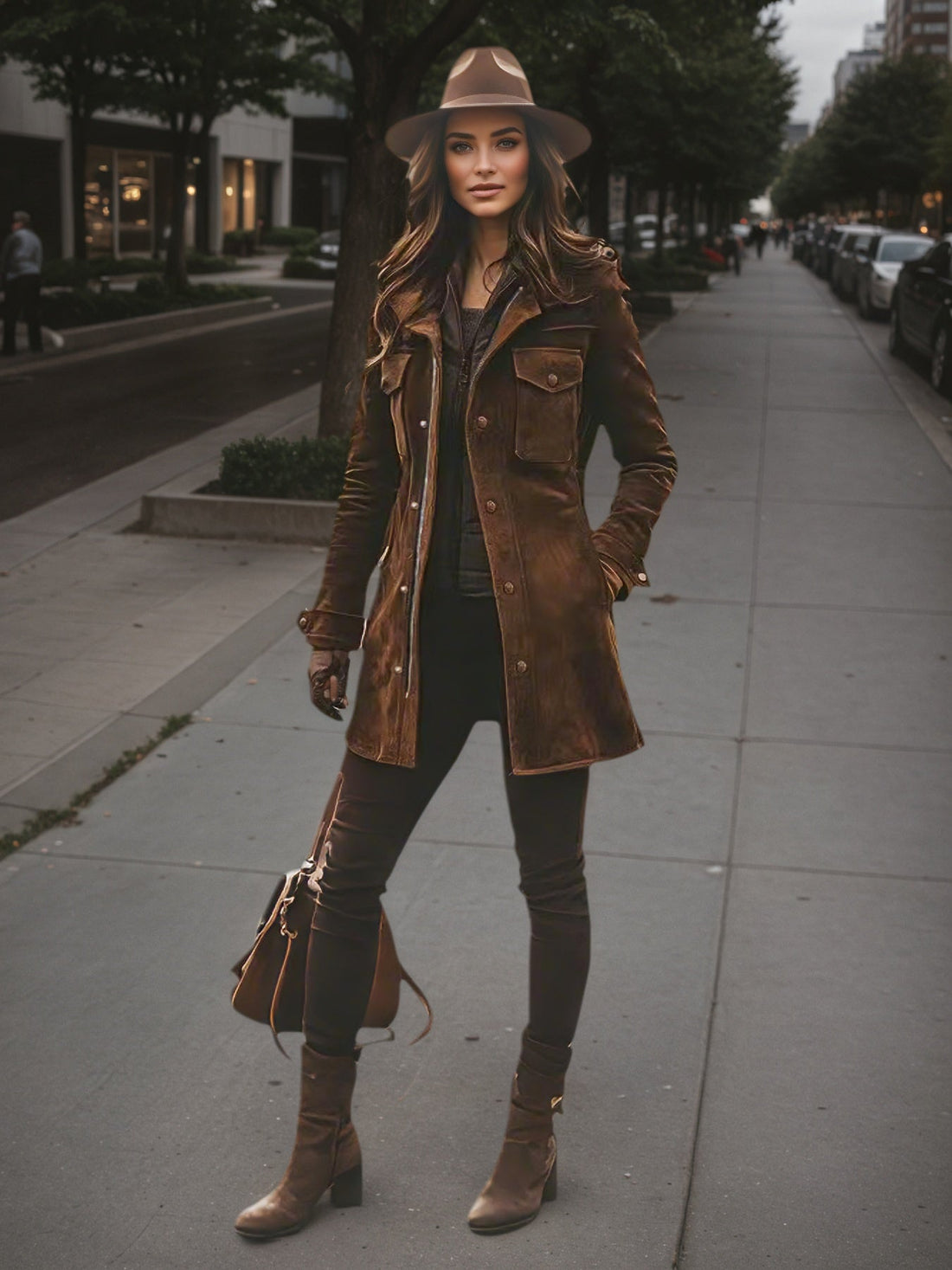 Woman wearing a vintage style brown long winter jacket with a hat and boots on a city street.