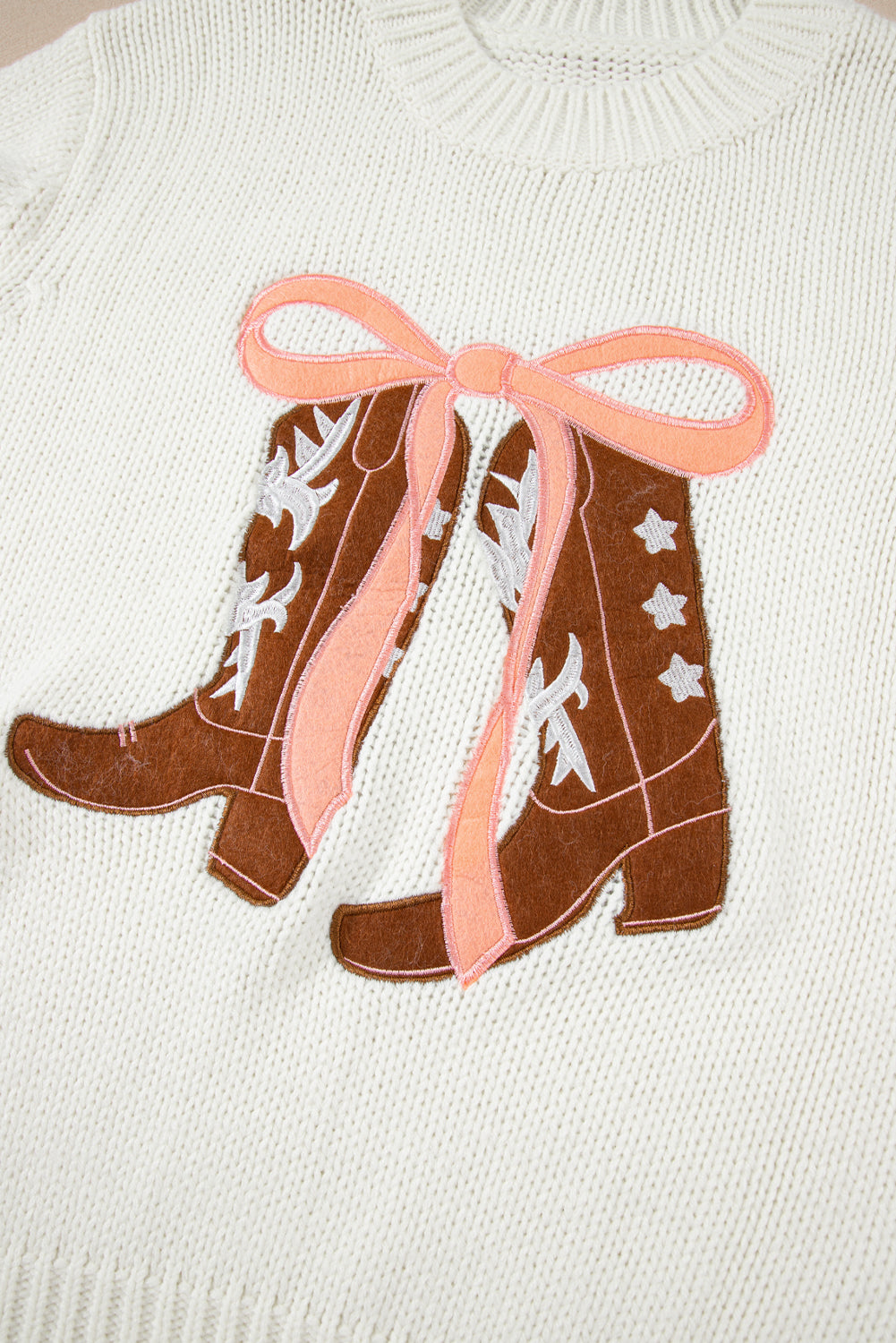 Women's Embroidered Bow Boots Knit Sweater, Relaxed Crew Neck Top