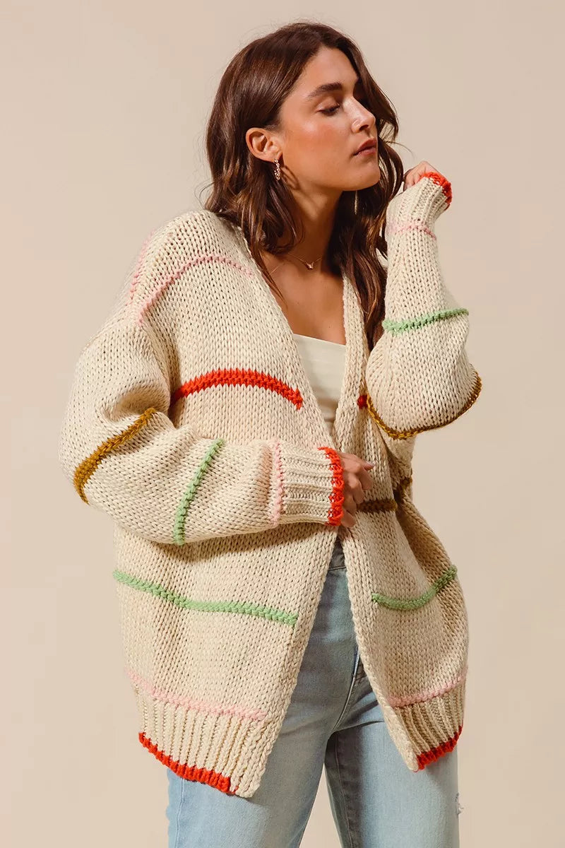 Loose Fit Multi Stripe Open Front Cardigan in Oatmeal