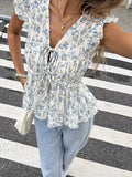 Blue Floral Chiffon Sleeveless Top and A-Line Skirt Set - Image 6