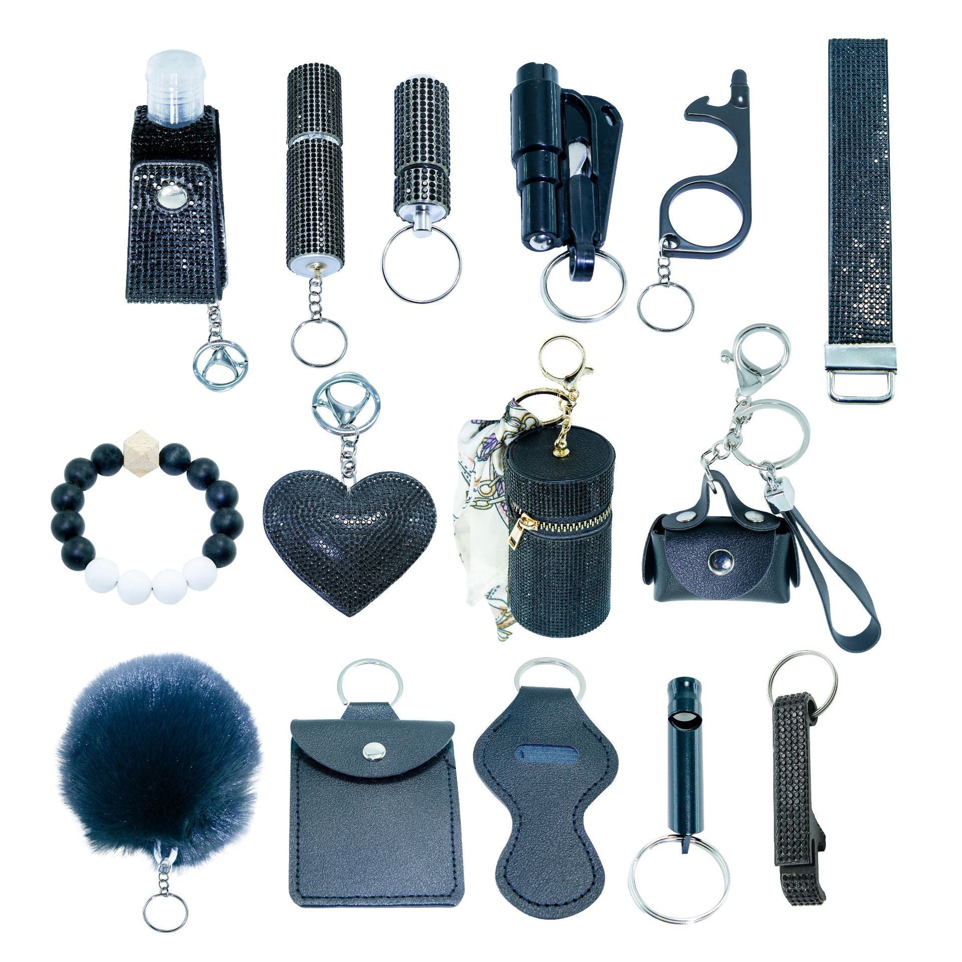 15-Piece Rhinestone Keychain Set, PU Leather Decorative Key Rings