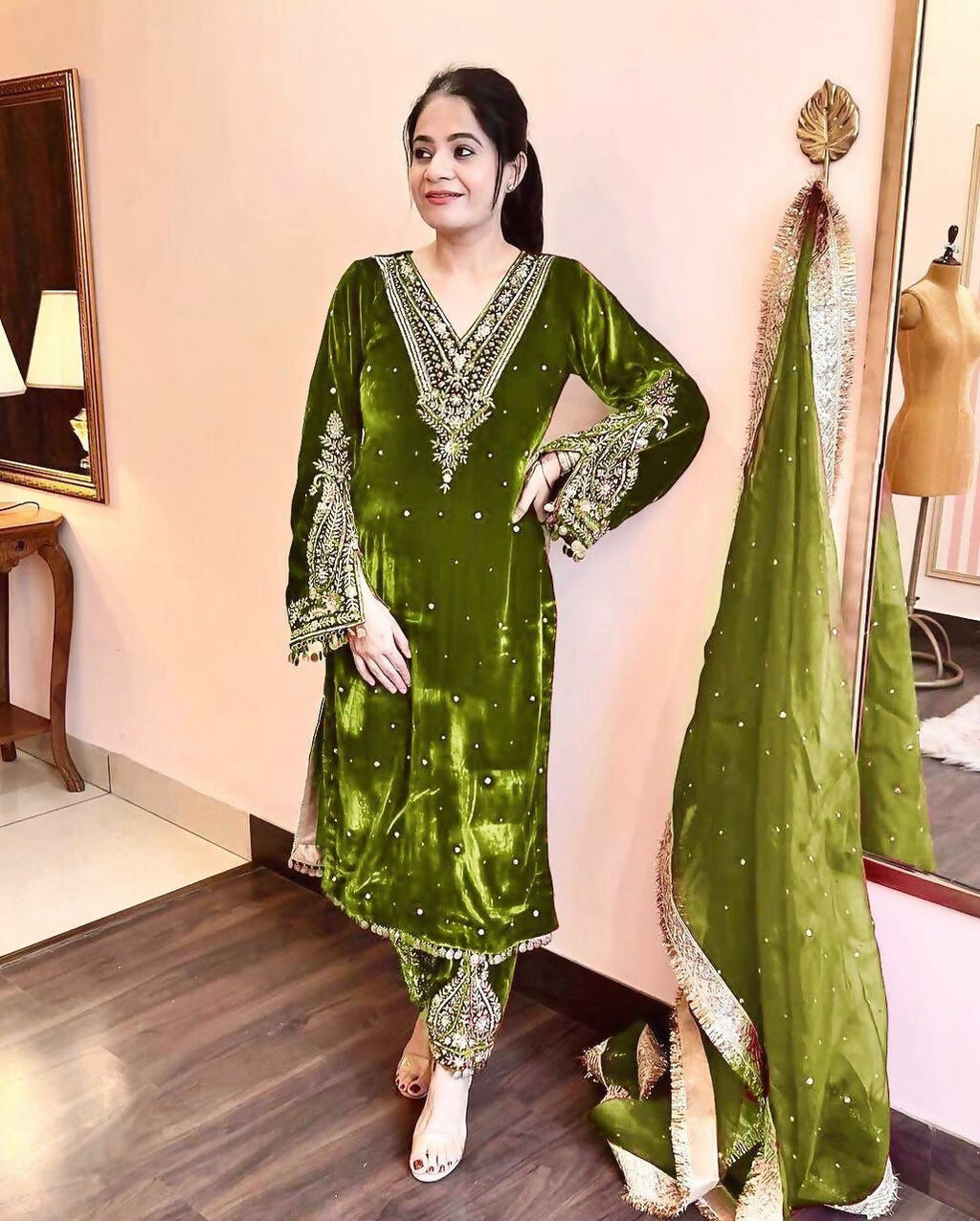 Olive Green Velvet Embroidered Kurta Set for Women