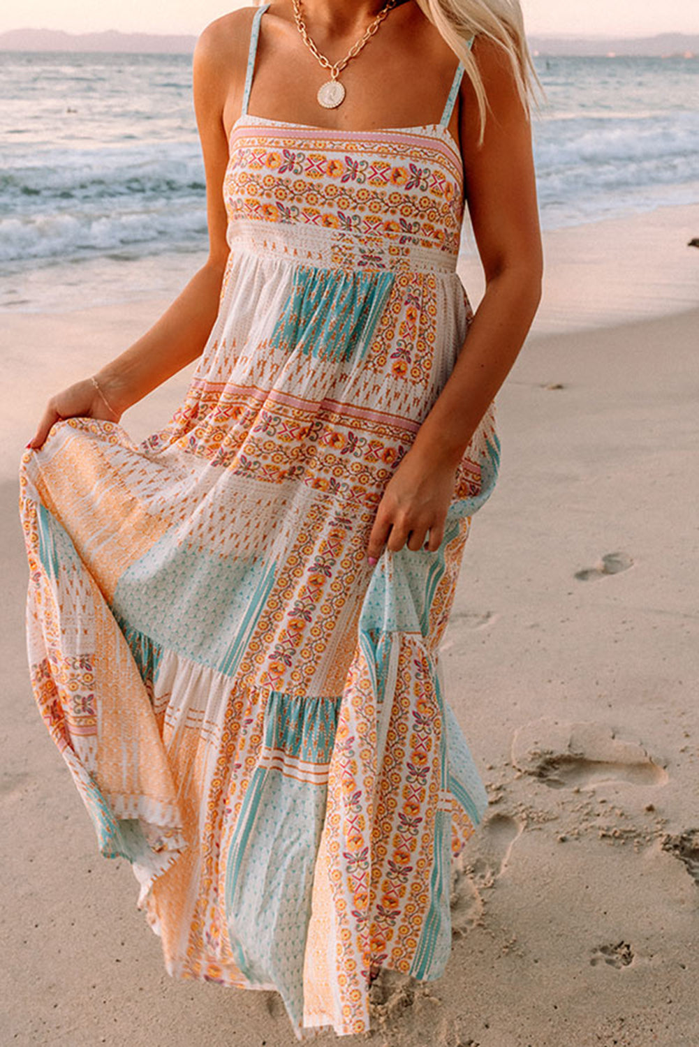 Multicolor Boho Patchwork Square Neck A-Line Maxi Sundress
