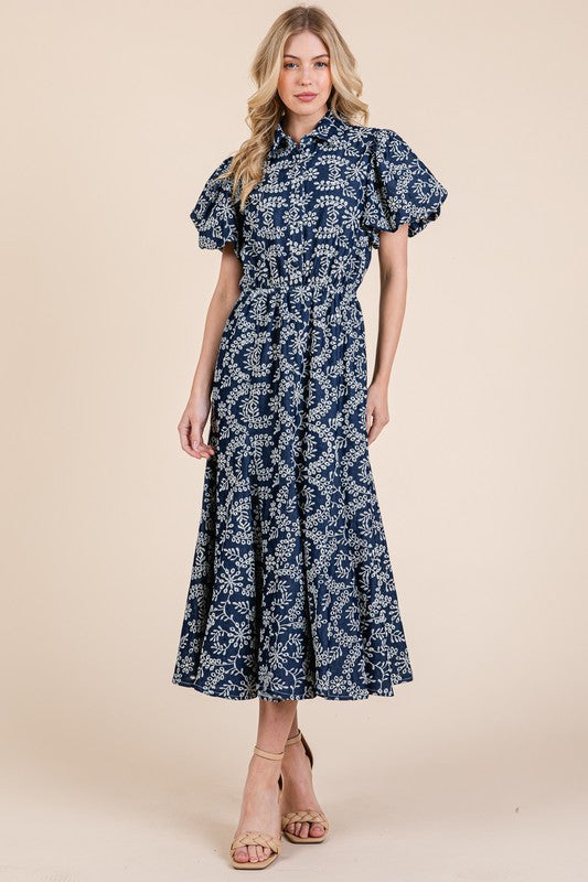 Leaf Pattern Eyelet Lace Puff Sleeve Midi Dress