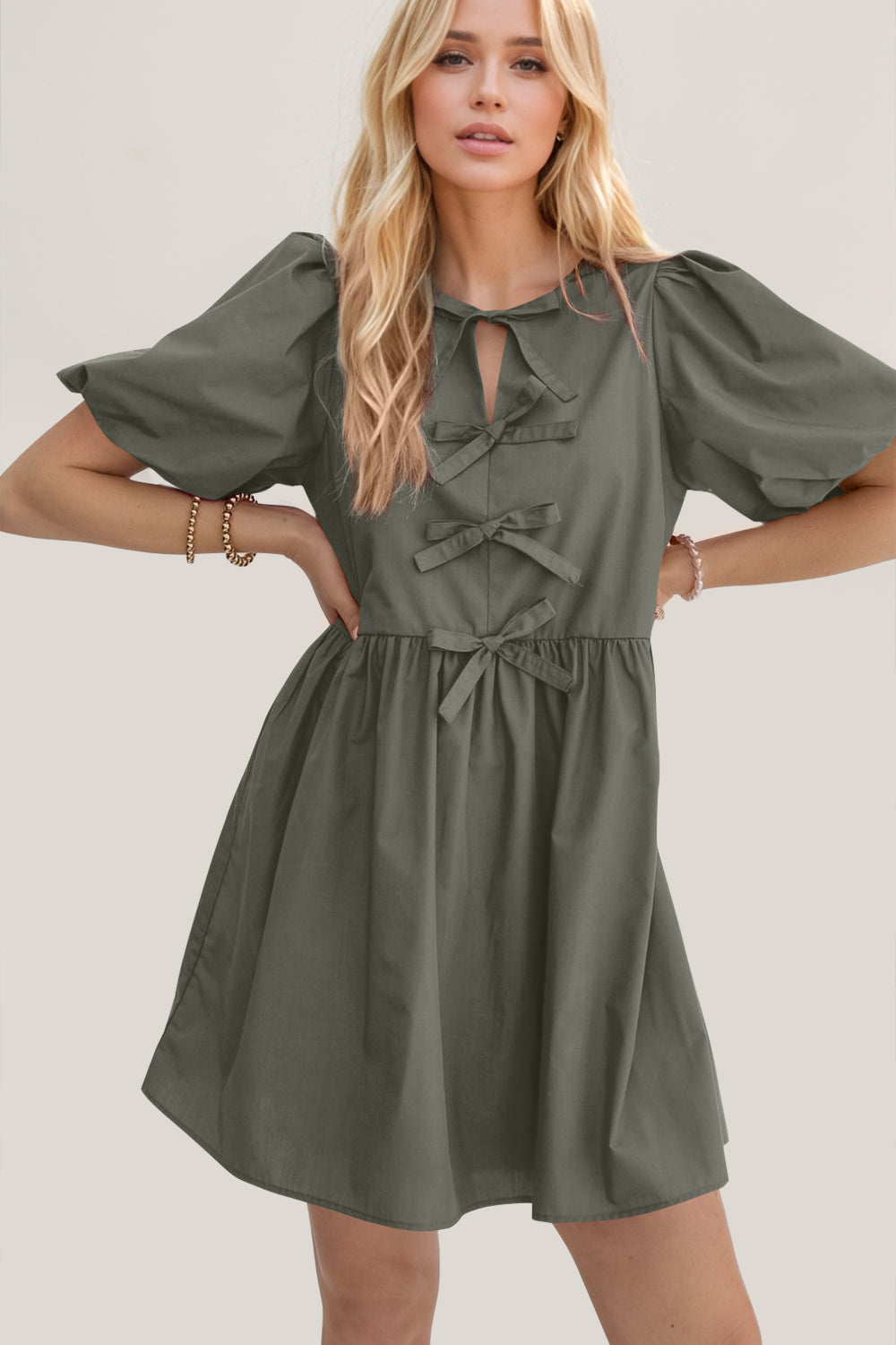 Ruched Puff Sleeve Mini Dress with Bow Detail