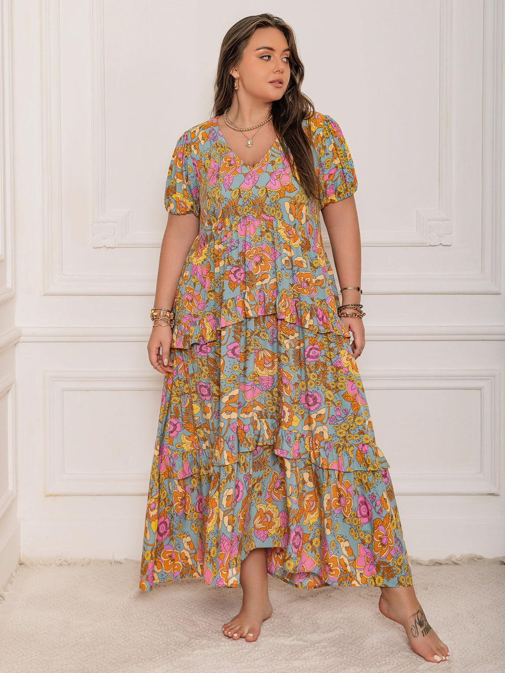 Floral V-Neck Maxi Dress - Flowy Ruffled Short Sleeve Summer Dress