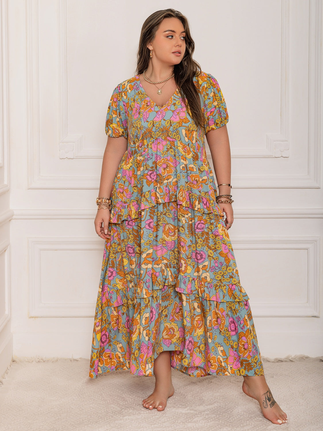 Floral V-Neck Maxi Dress - Flowy Ruffled Short Sleeve Summer Dress