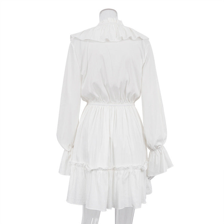 V-Neck Pleated Ruffle Dress Long Sleeve Flare Sleeve Short Dress