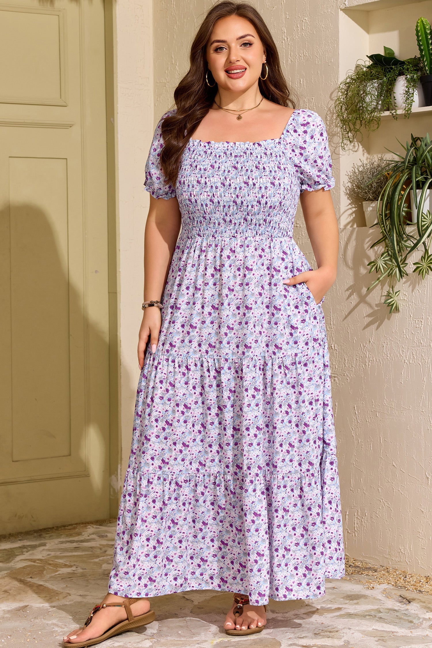 Kelsey Square Smocked Maxi Dress with Puff Sleeves and Floral Print
