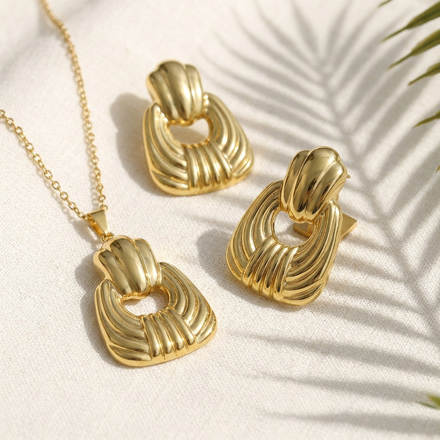 Gold Tone Stainless Steel Ribbed Textured Hollow Square Jewelry Set 2Pcs Women Pendant Necklace Drop Earrings Retro Geometric Statement Metal Jewelry Dropshipping Gift