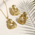 Gold Tone Stainless Steel Ribbed Textured Hollow Square Jewelry Set 2Pcs Women Pendant Necklace Drop Earrings Retro Geometric Statement Metal Jewelry Dropshipping Gift