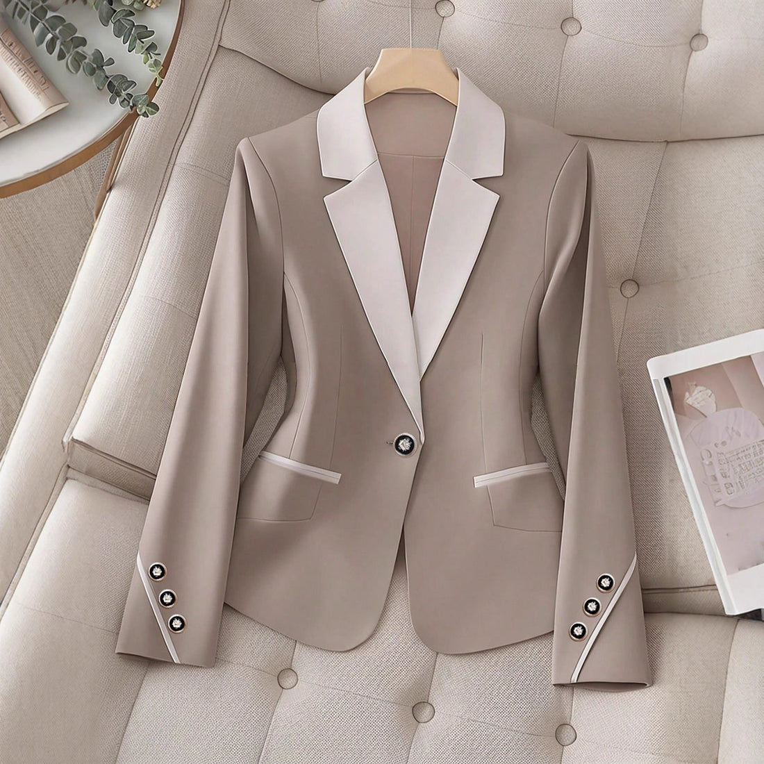 Women’s Contrasting Color Blazer Button Formal Tailored Jacket - Image 5