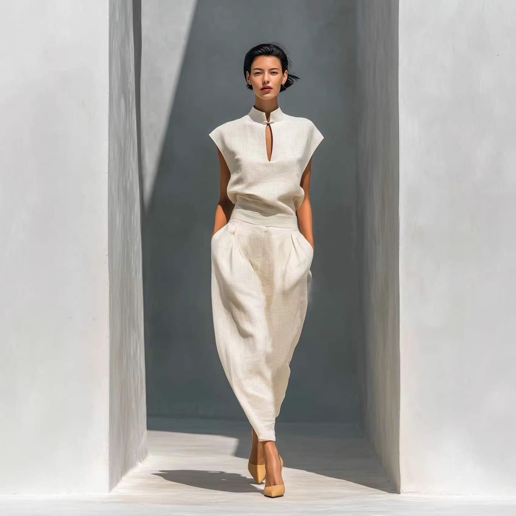 A woman wearing a beige matching two-piece set with a mandarin collar top and relaxed high-waisted pants.