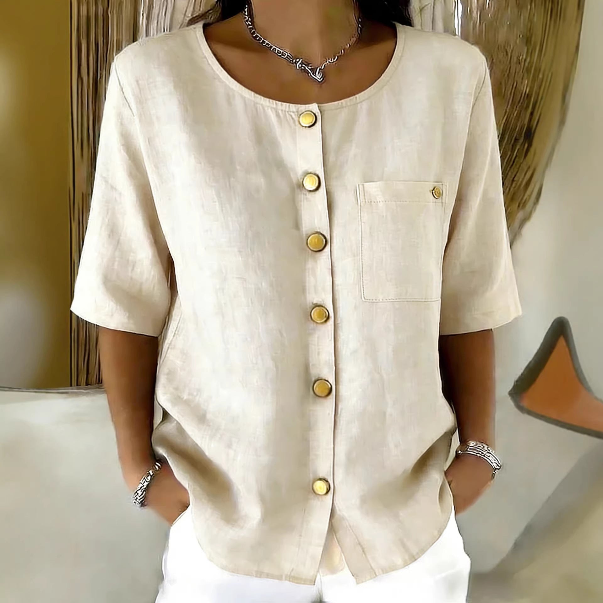 Crew Neck 3/4 Sleeve Blouse with Metal Buttons - Image 5
