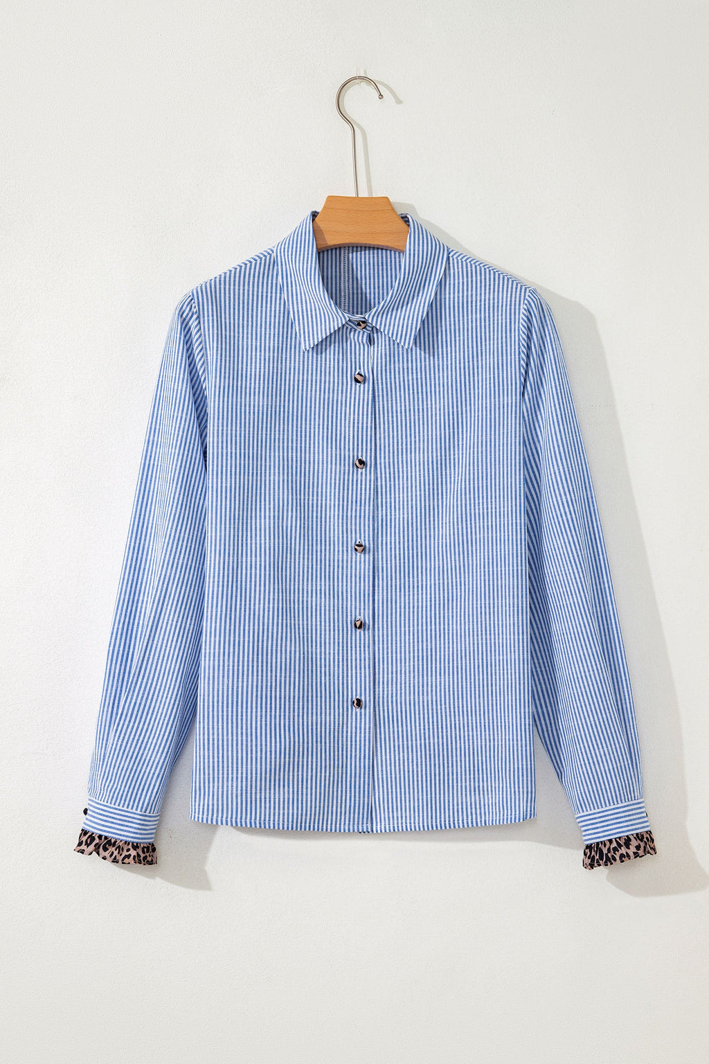 Stripe Leopard Ruffle Long Sleeve Buttoned Shirt
