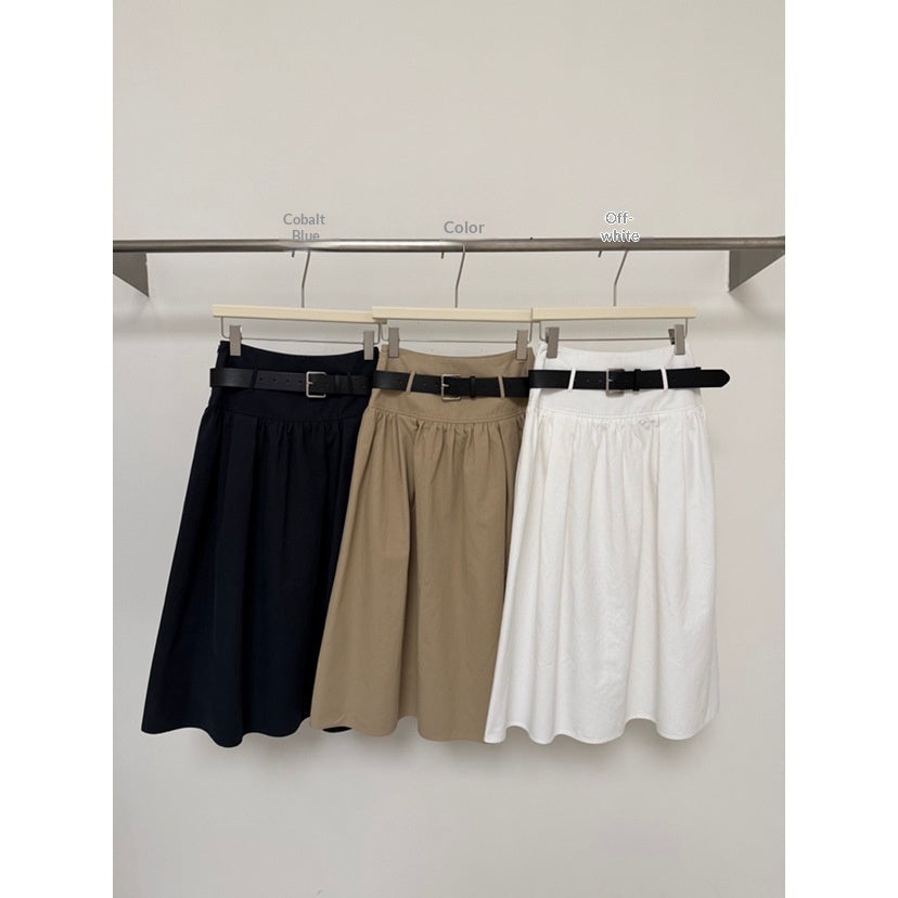 Relaxed Beige A-Line Midi Skirt with Adjustable Belt - Image 3