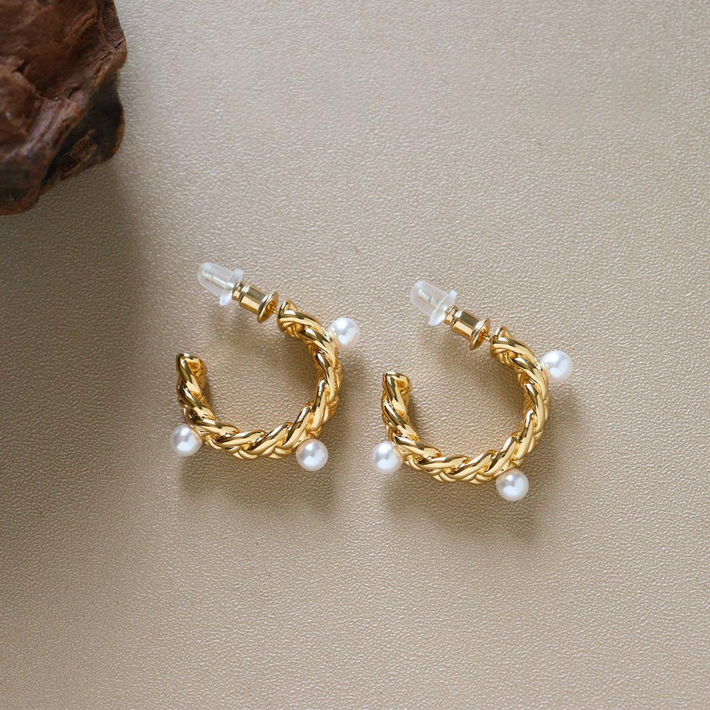 Knitted Cable-knit Pearl C-shaped Earrings
