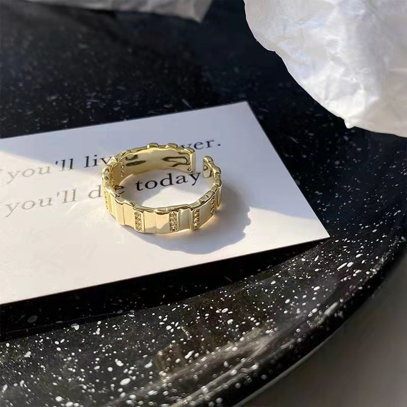 French Vintage Checkerboard Enamel Open Ring, Luxury Niche Design Wave Band For Women