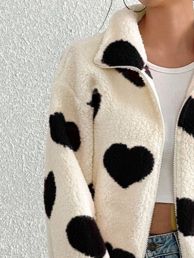 Women's Heart Zip Up Faux Fur Jacket Y2K Streetwear Fluffy Coat